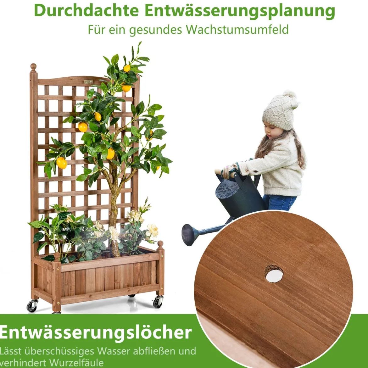 Blumenkasten mit Rankgitter Pflanzkasten Holz auf Rollen für Kletterpflanzen 64 x 28x 127 cm Braun