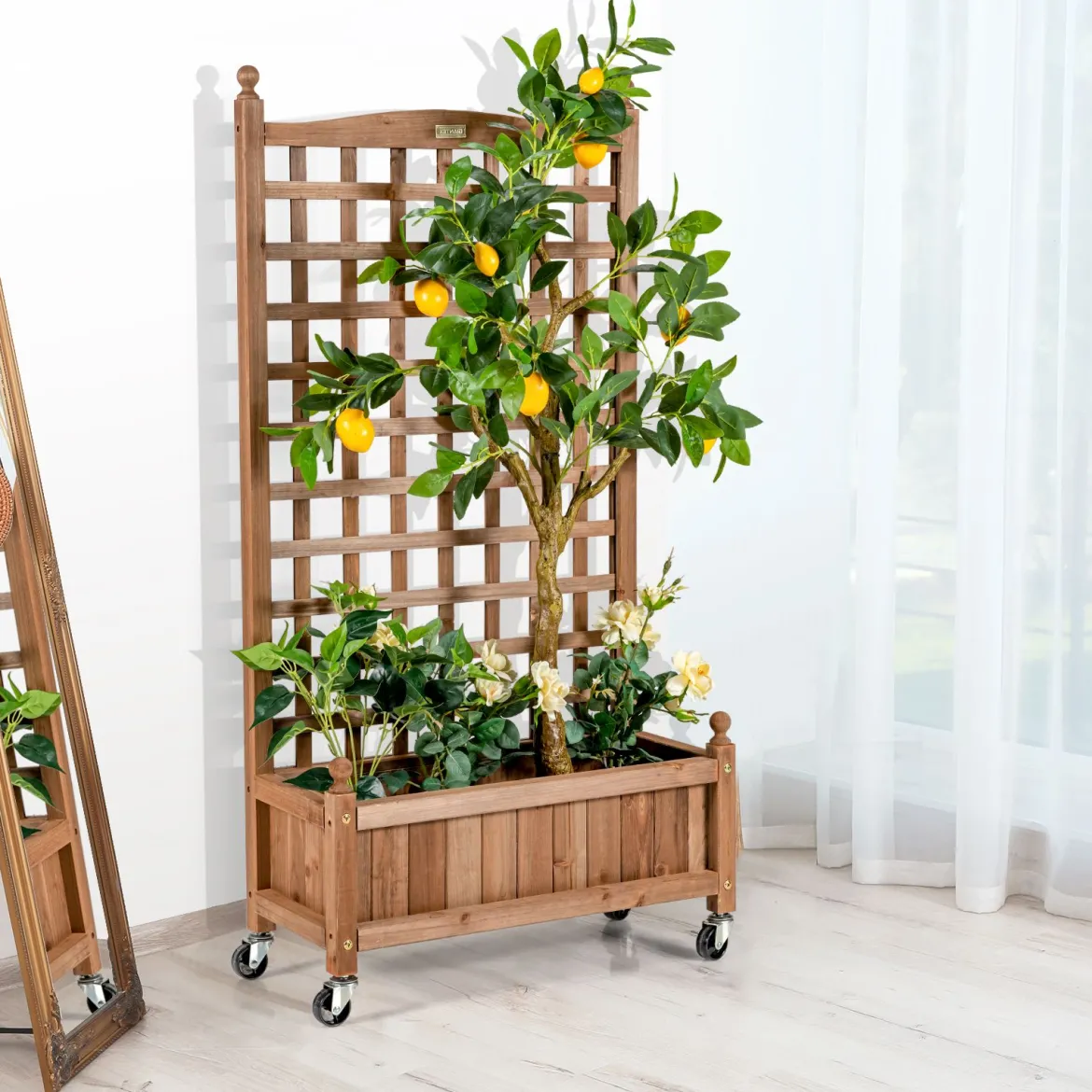 Blumenkasten mit Rankgitter Pflanzkasten Holz auf Rollen für Kletterpflanzen 64 x 28x 127 cm Braun