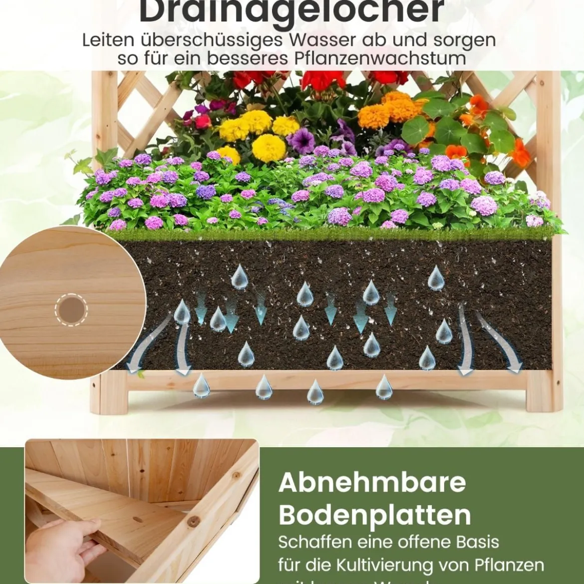 Blumenkasten mit rankgitter Eck-Pflanzkasten mit Abflusslöchern erhöhter Holzkasten für Kletterpflanzen Natur