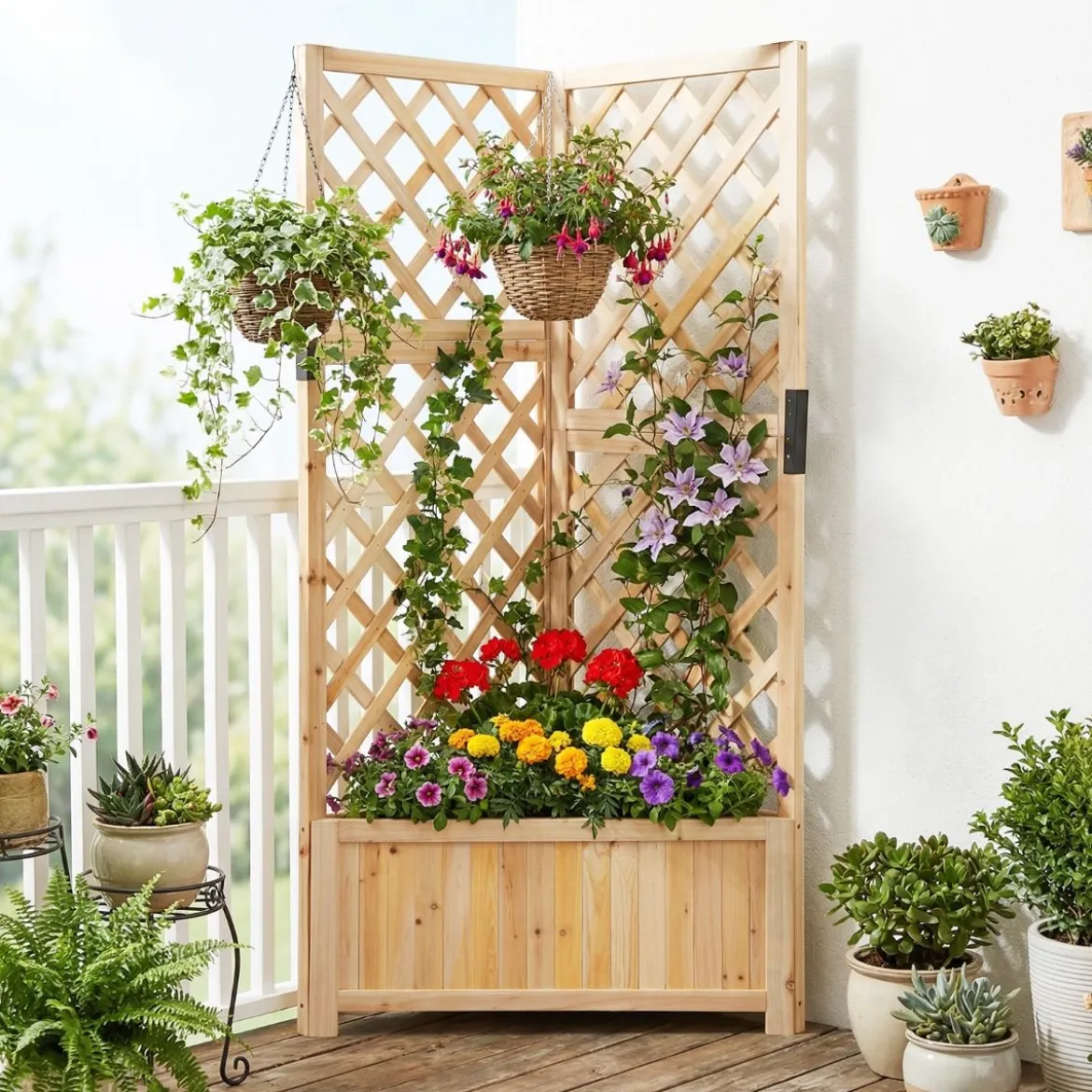 Blumenkasten mit rankgitter Eck-Pflanzkasten mit Abflusslöchern erhöhter Holzkasten für Kletterpflanzen Natur