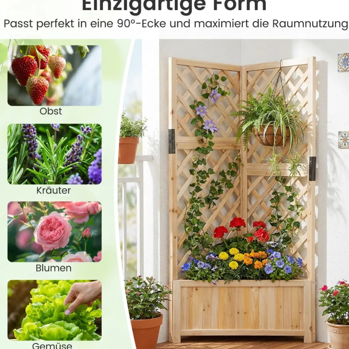 Blumenkasten mit rankgitter Eck-Pflanzkasten mit Abflusslöchern erhöhter Holzkasten für Kletterpflanzen Natur