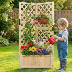 Blumenkasten mit rankgitter Eck-Pflanzkasten mit Abflusslöchern erhöhter Holzkasten für Kletterpflanzen Natur