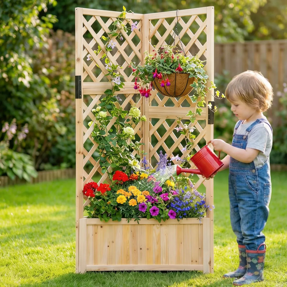 Blumenkasten mit rankgitter Eck-Pflanzkasten mit Abflusslöchern erhöhter Holzkasten für Kletterpflanzen Natur