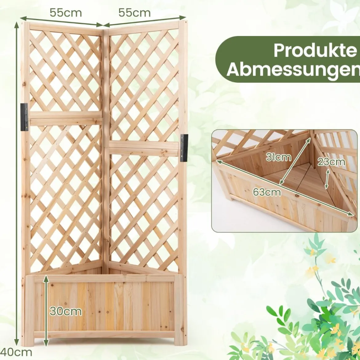 Blumenkasten mit rankgitter Eck-Pflanzkasten mit Abflusslöchern erhöhter Holzkasten für Kletterpflanzen Natur