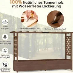 Blumenkasten mit Rankgitter & Hängendem Dach Pflanzkasten mit Rankhilfe 200x44x114cm Braun