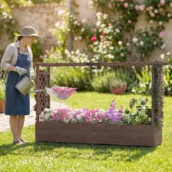 Blumenkasten mit Rankgitter & Hängendem Dach Pflanzkasten mit Rankhilfe 200x44x114cm Braun