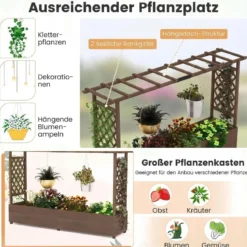 Blumenkasten mit Rankgitter & Hängendem Dach Pflanzkasten mit Rankhilfe 200x44x114cm Braun