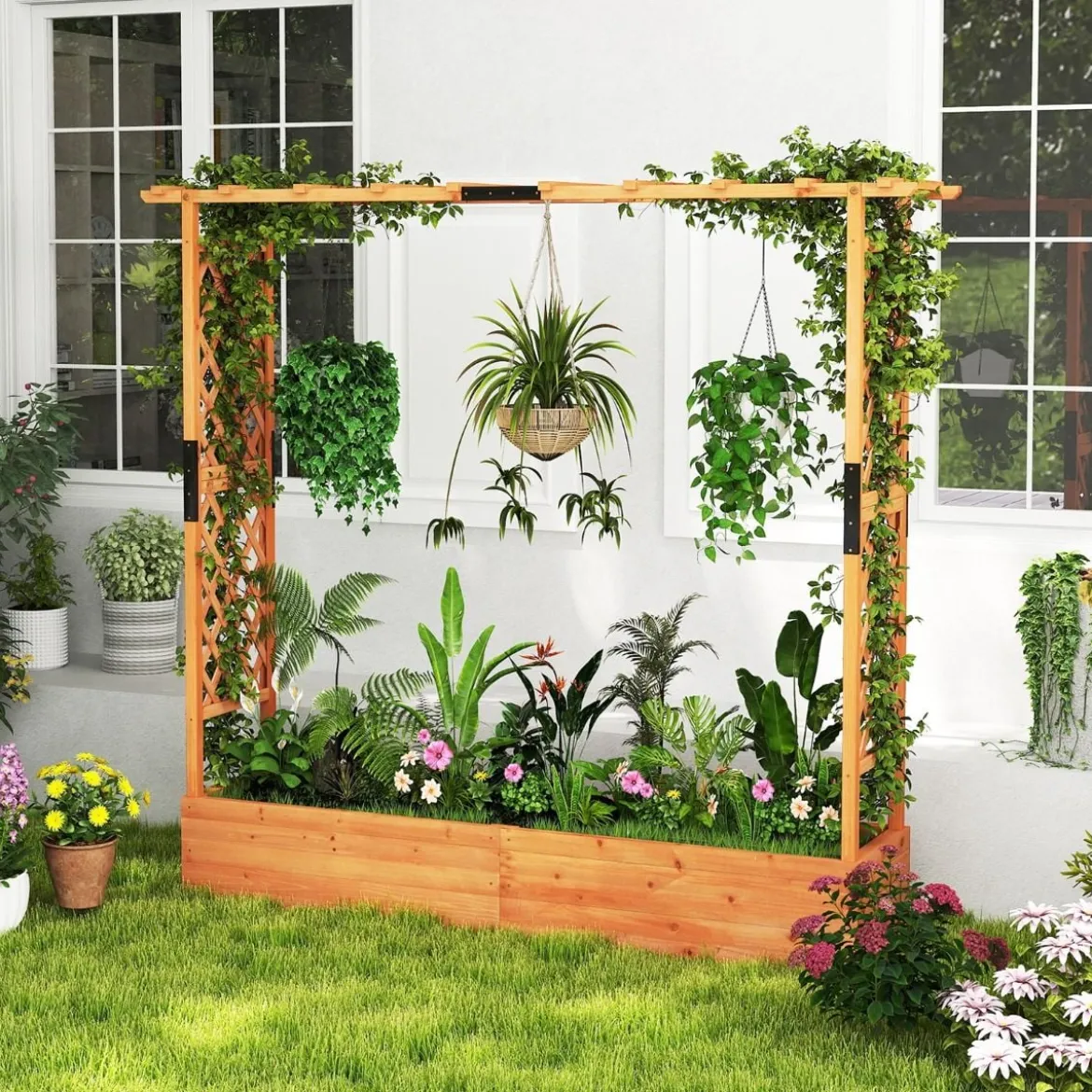 Blumenkasten mit Rankgitter & Hängendem Dach Pflanzkasten Hochbeet Pflanzkübel Orange