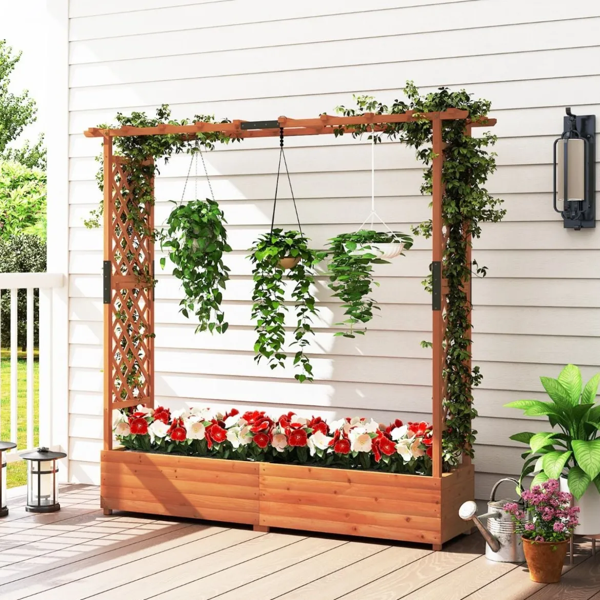 Blumenkasten mit Rankgitter & Hängendem Dach Pflanzkasten Hochbeet Pflanzkübel Orange