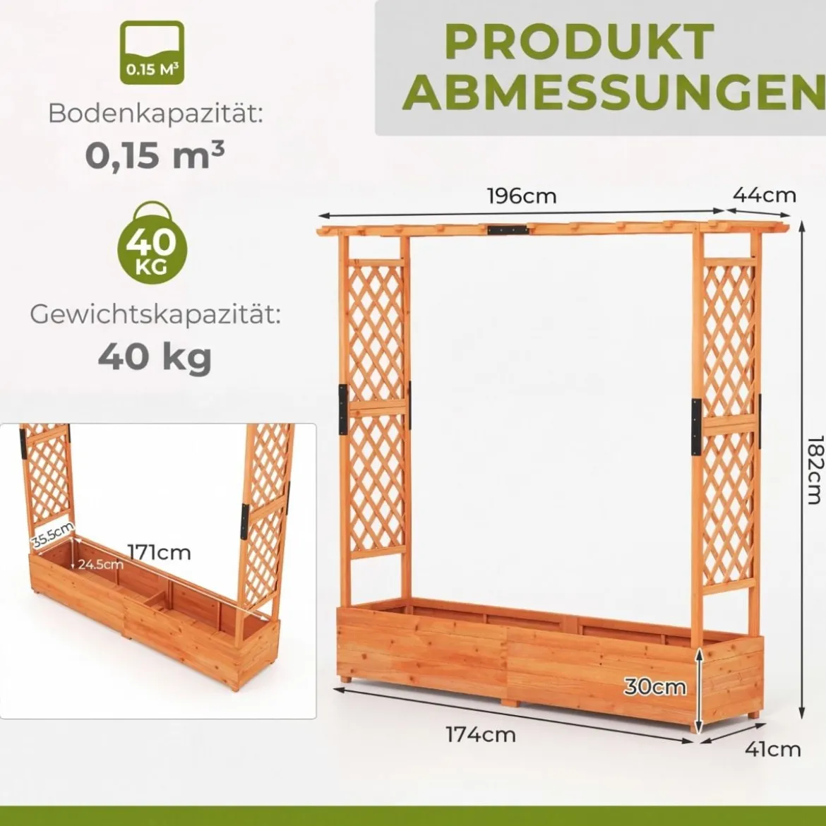 Blumenkasten mit Rankgitter & Hängendem Dach Pflanzkasten Hochbeet Pflanzkübel Orange