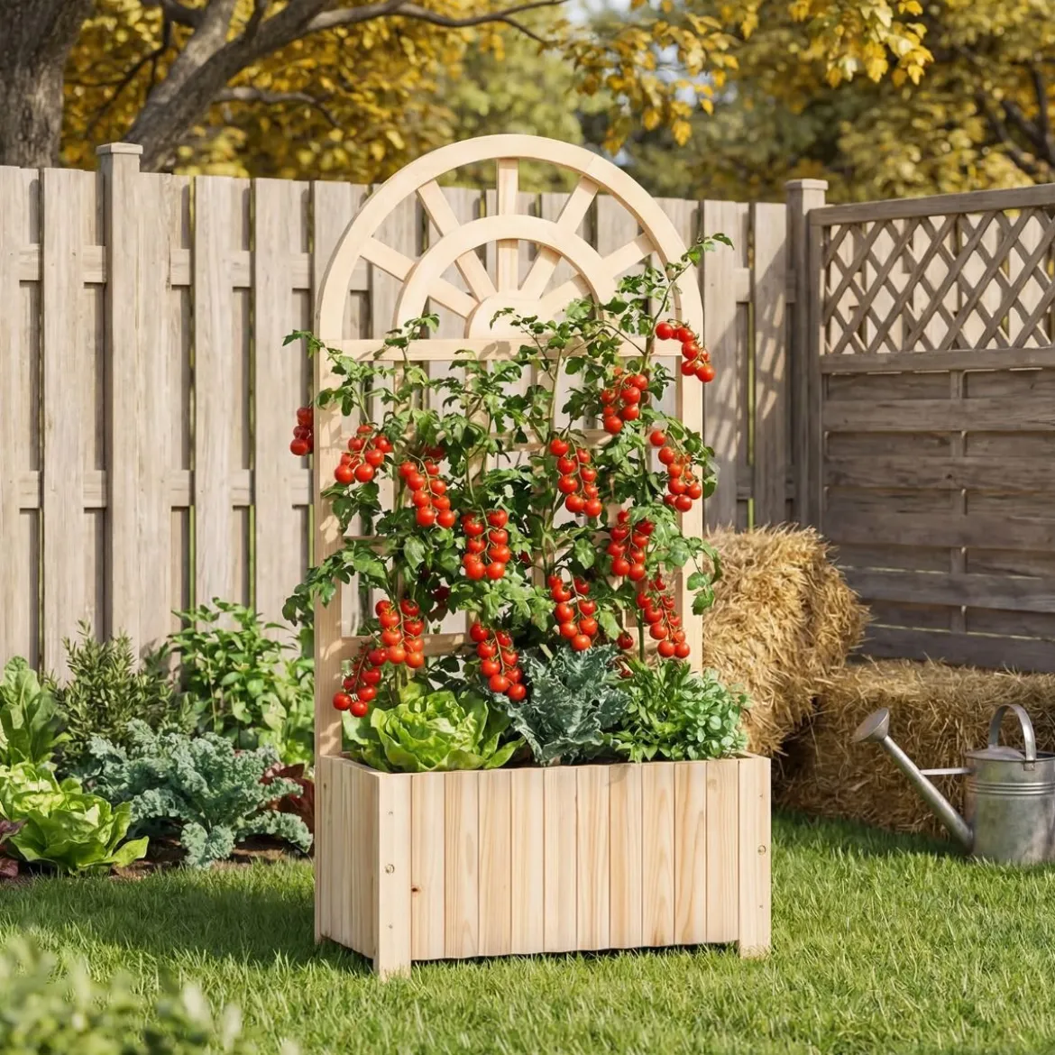 Blumenkasten mit Rankgitter & Spalier & Entwässerung Pflanzkasten für Kletterpflanzen Natur