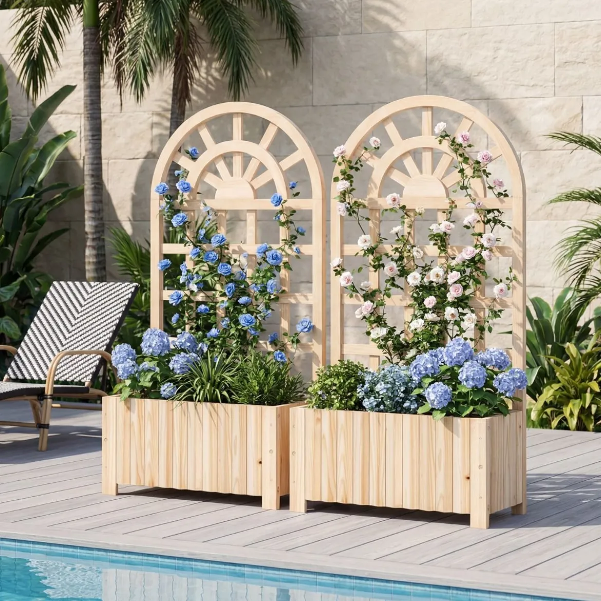Blumenkasten mit Rankgitter & Spalier & Entwässerung Pflanzkasten für Kletterpflanzen Natur