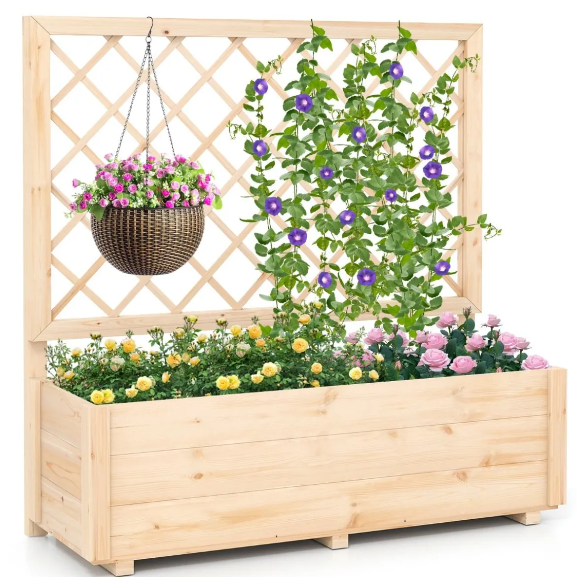 Blumenkasten mit Rankgitter Hochbeet mit Spalier & Drainagelöchern Natur 98 x 35 x 101 cm