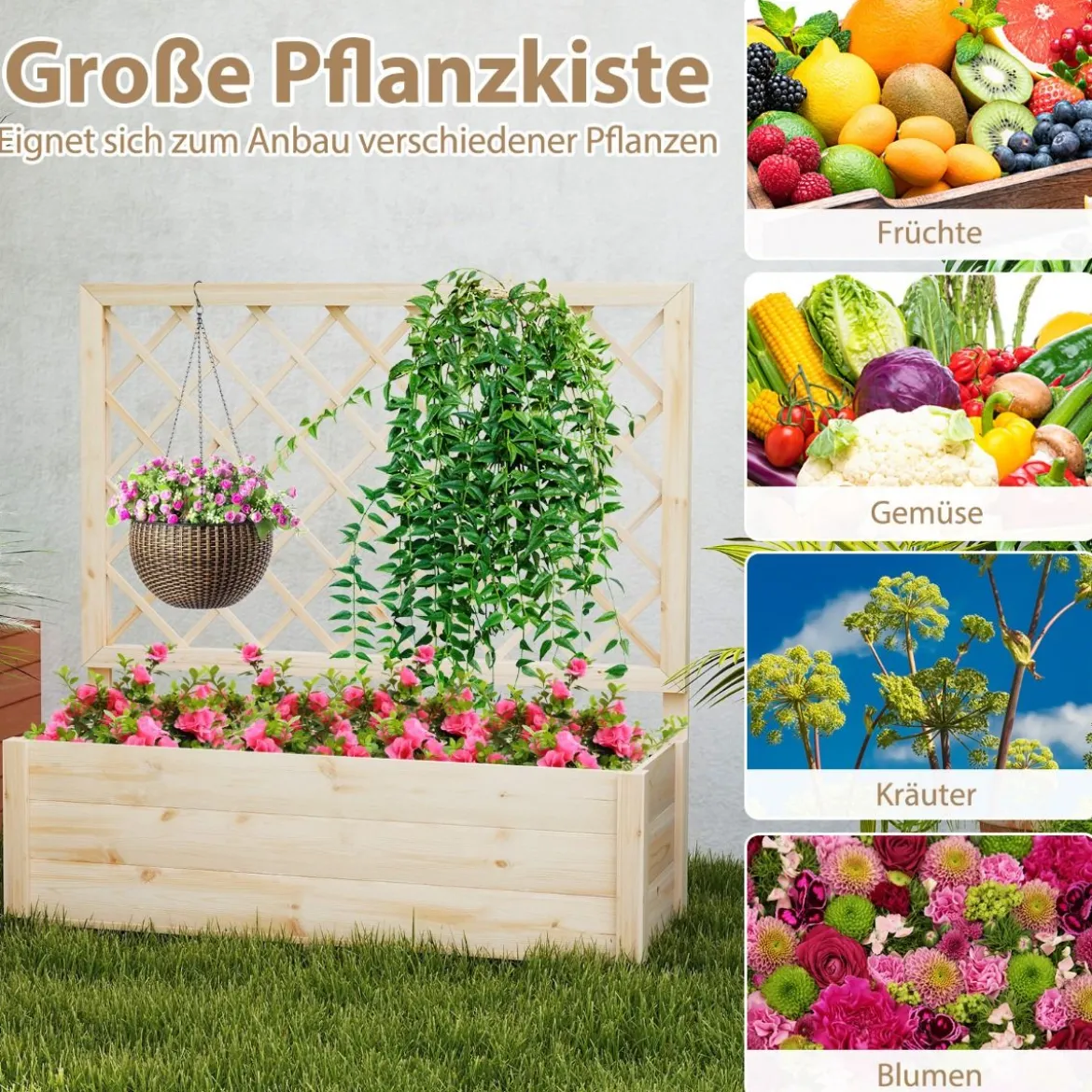 Blumenkasten mit Rankgitter Hochbeet mit Spalier & Drainagelöchern Natur 98 x 35 x 101 cm