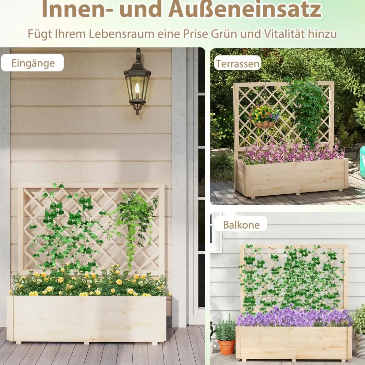 Blumenkasten mit Rankgitter Hochbeet mit Spalier & Drainagelöchern Natur 98 x 35 x 101 cm