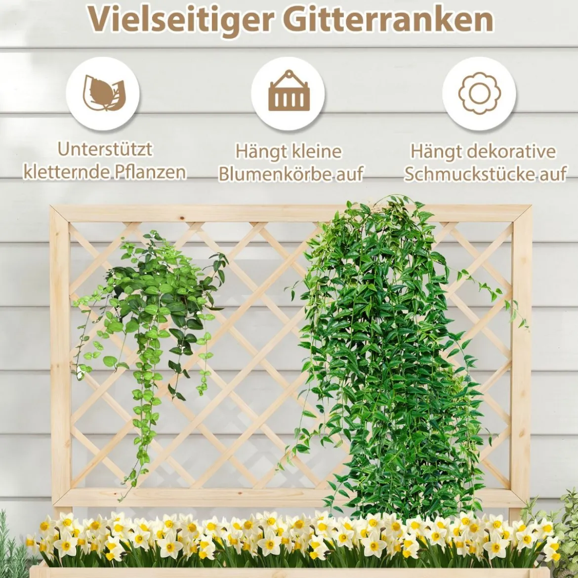 Blumenkasten mit Rankgitter Hochbeet mit Spalier & Drainagelöchern Natur 98 x 35 x 101 cm