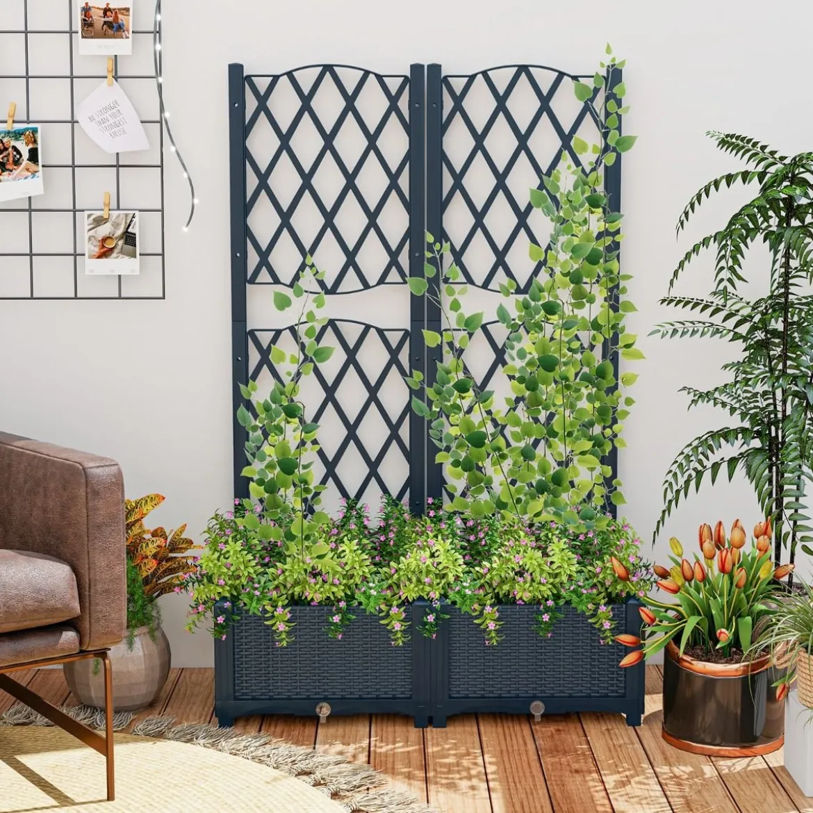 Blumenkasten mit Rankgitter Pflanzkasten für Kletterpflanzen Hochbeet mit Spalier 80 x 40 x 122 cm Grau
