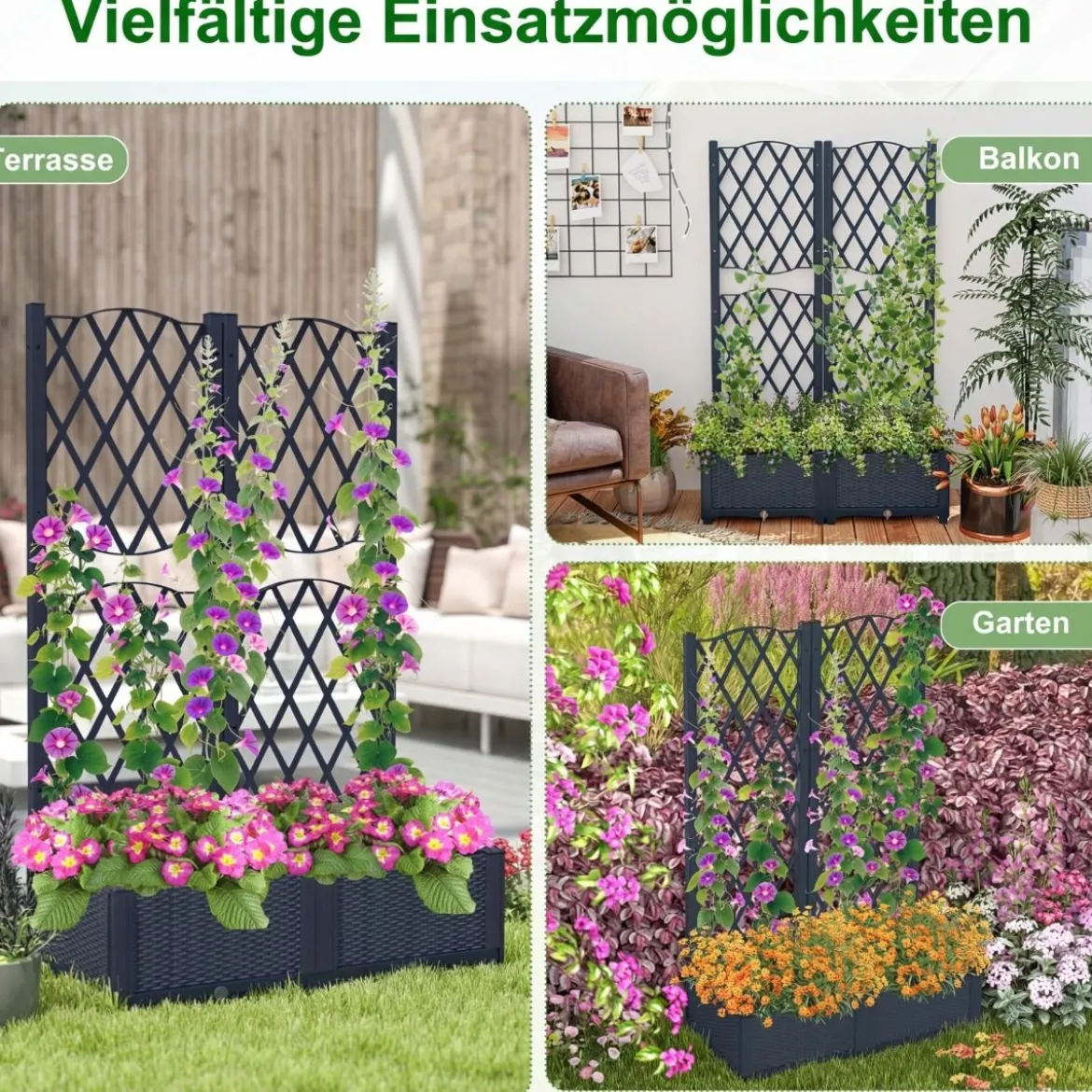 Blumenkasten mit Rankgitter Pflanzkasten für Kletterpflanzen Hochbeet mit Spalier 80 x 40 x 122 cm Grau