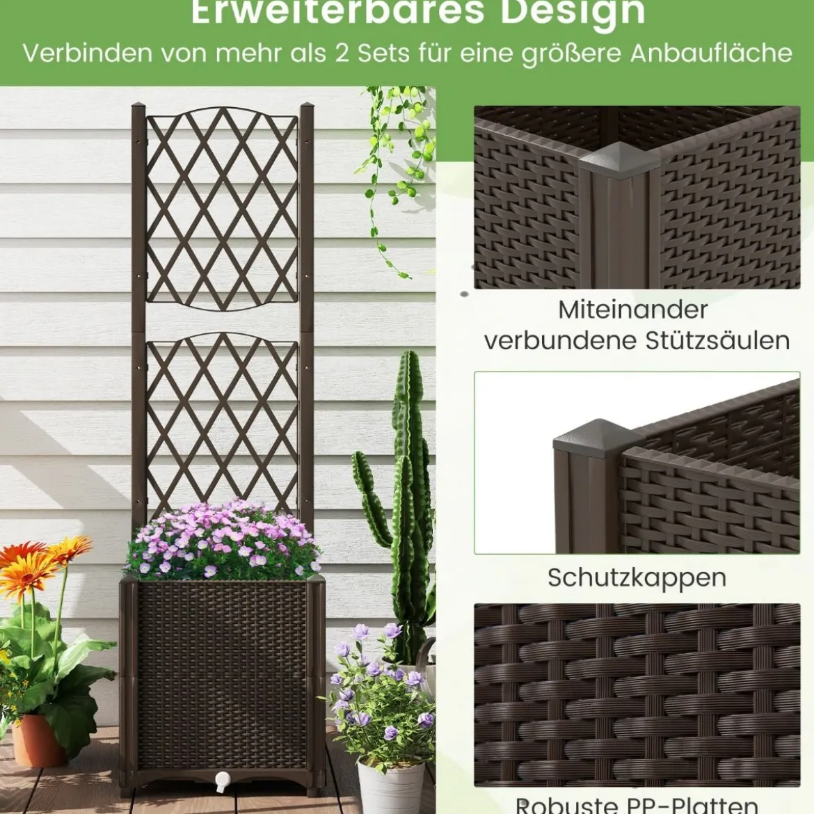 Blumenkasten mit Rankgitter Pflanzkasten für Kletterpflanzen 40 x 40 x140 cm Grau/Kaffee