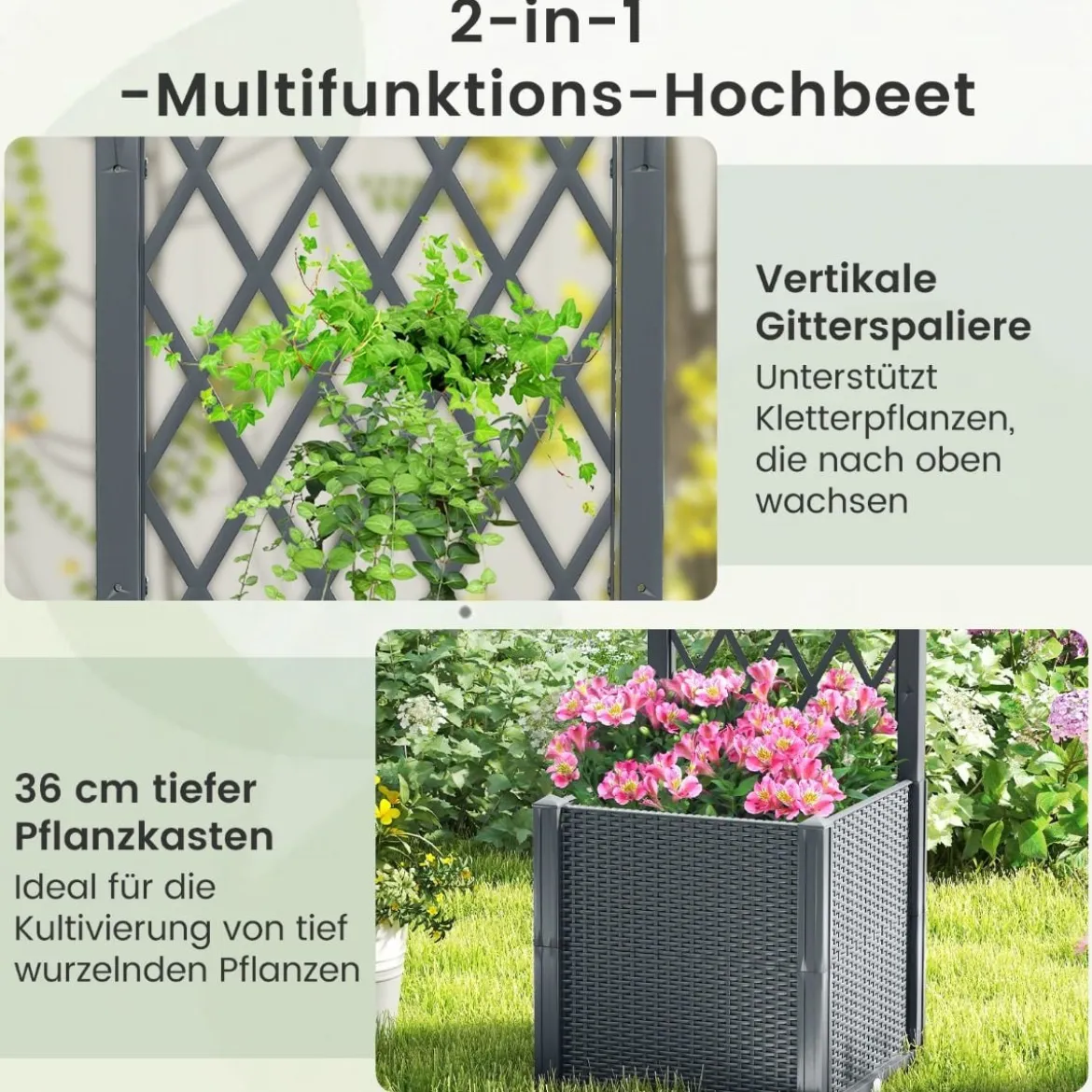 Blumenkasten mit Rankgitter Pflanzkasten für Kletterpflanzen 40 x 40 x140 cm Grau/Kaffee