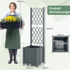 Blumenkasten mit Rankgitter Pflanzkasten für Kletterpflanzen 40 x 40 x140 cm Grau/Kaffee