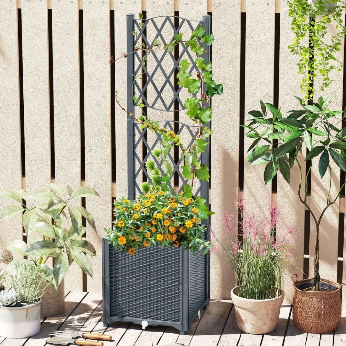 Blumenkasten mit Rankgitter Pflanzkasten für Kletterpflanzen 40 x 40 x140 cm Grau/Kaffee