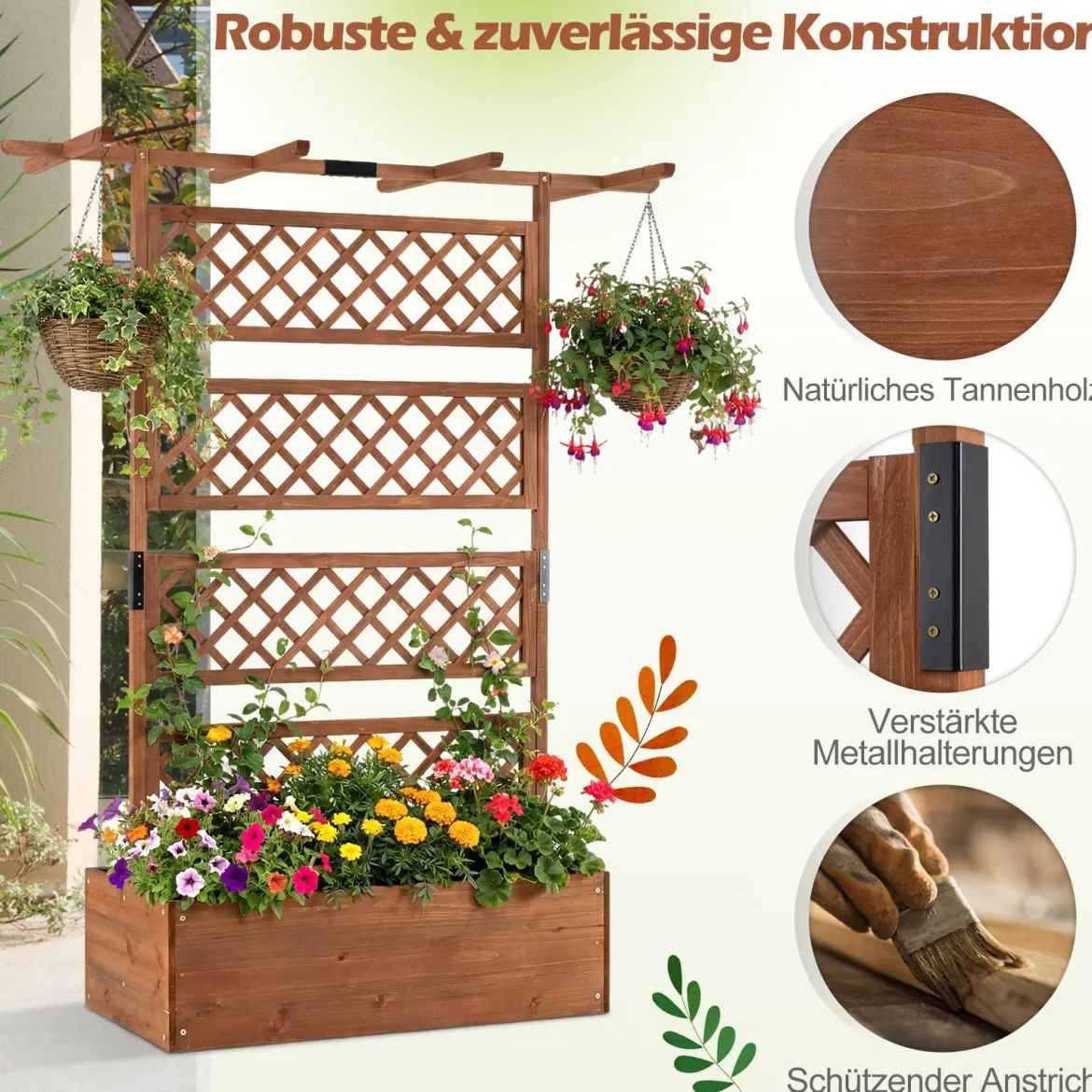Blumenkasten mit Rankgitter & Dach Pflanzkübel mit Sichtschutz Tannenholz Pflanzkasten Hochbeet