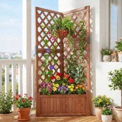 Blumenkasten mit rankgitter Eck-Pflanzkasten mit Abflusslöchern erhöhter Holzkasten für Kletterpflanzen Braun