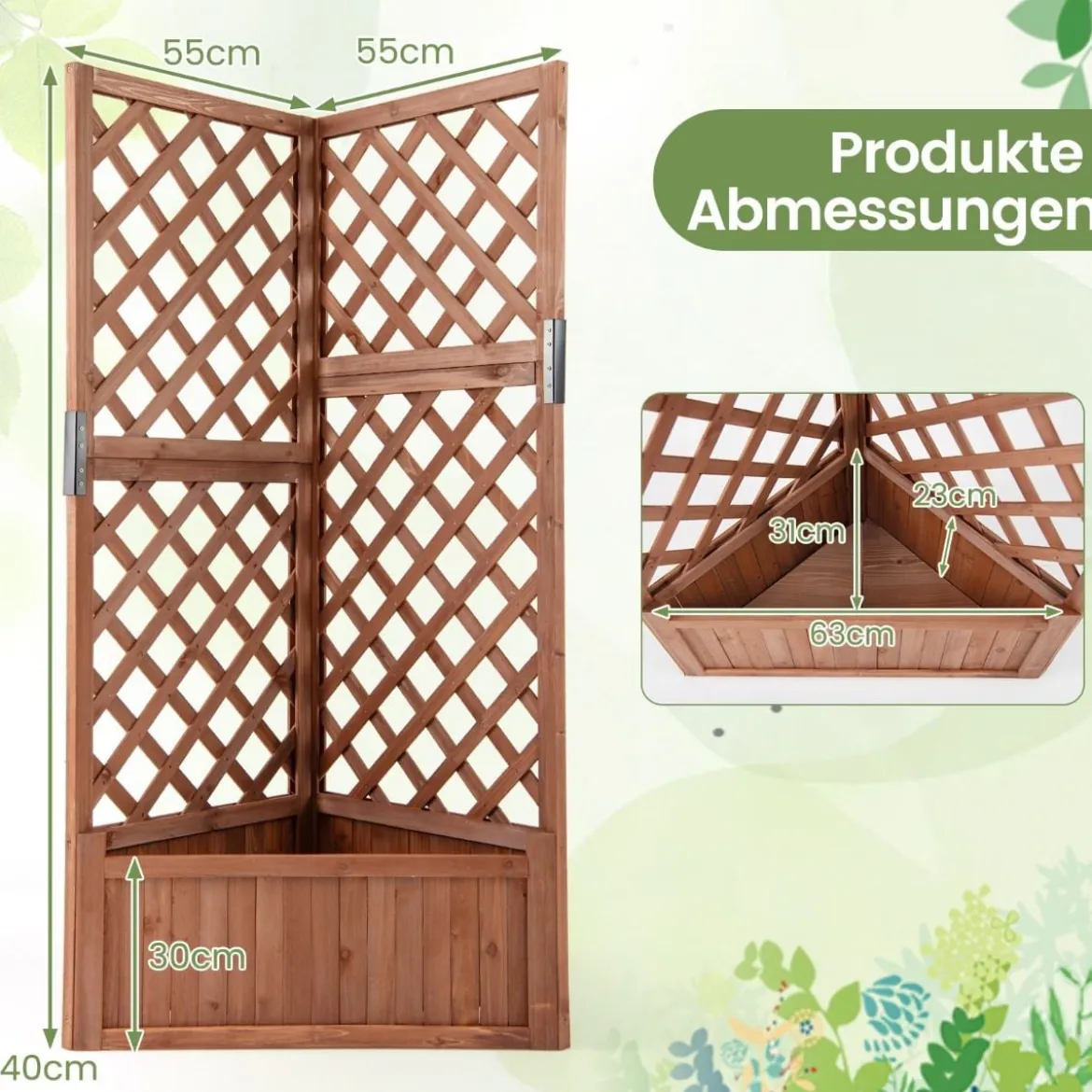 Blumenkasten mit rankgitter Eck-Pflanzkasten mit Abflusslöchern erhöhter Holzkasten für Kletterpflanzen Braun