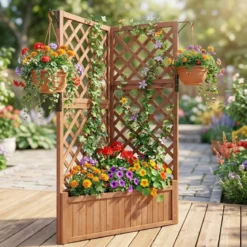 Blumenkasten mit rankgitter Eck-Pflanzkasten mit Abflusslöchern erhöhter Holzkasten für Kletterpflanzen Braun