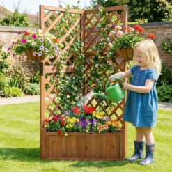 Blumenkasten mit rankgitter Eck-Pflanzkasten mit Abflusslöchern erhöhter Holzkasten für Kletterpflanzen Braun