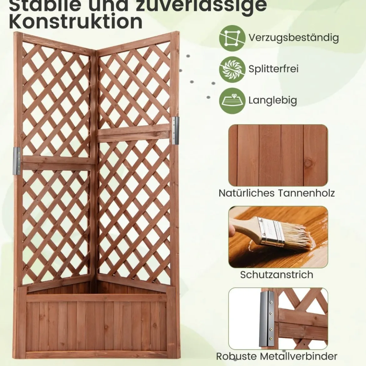Blumenkasten mit rankgitter Eck-Pflanzkasten mit Abflusslöchern erhöhter Holzkasten für Kletterpflanzen Braun