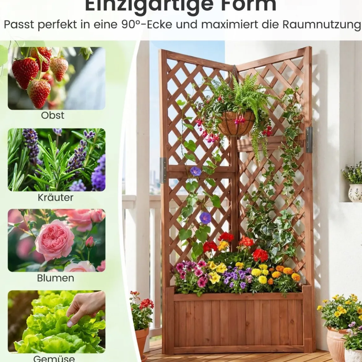 Blumenkasten mit rankgitter Eck-Pflanzkasten mit Abflusslöchern erhöhter Holzkasten für Kletterpflanzen Braun