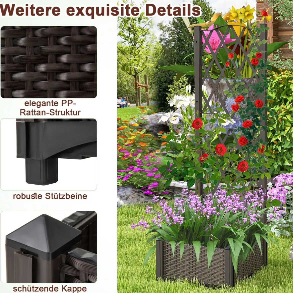 Blumenkasten mit Rankgitter Pflanzkasten für Kletterpflanzen Hochbeet mit Spalier 40 x 40 x 122 cm Braun