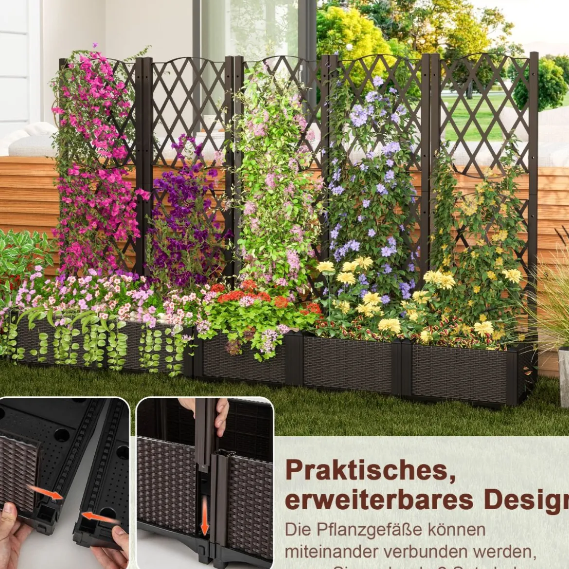 Blumenkasten mit Rankgitter Pflanzkasten für Kletterpflanzen Hochbeet mit Spalier 40 x 40 x 122 cm Braun