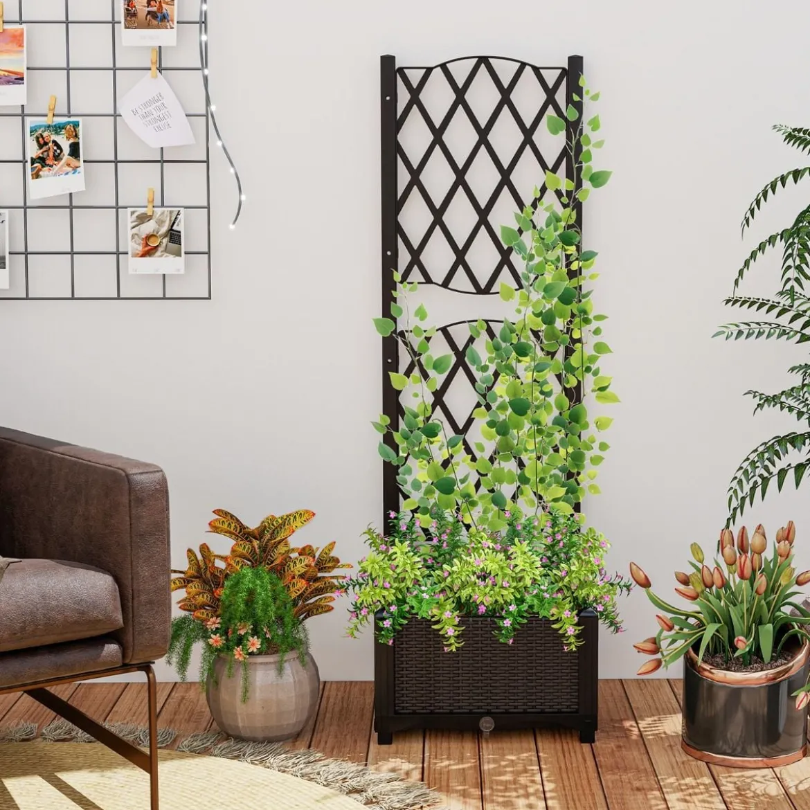 Blumenkasten mit Rankgitter Pflanzkasten für Kletterpflanzen Hochbeet mit Spalier 40 x 40 x 122 cm Braun