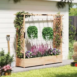 Blumenkasten mit Rankgitter & Hängendem Dach Pflanzkasten Hochbeet Pflanzkübel Natur