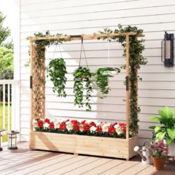 Blumenkasten mit Rankgitter & Hängendem Dach Pflanzkasten Hochbeet Pflanzkübel Natur