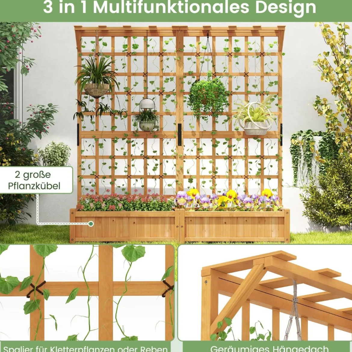 Blumenkasten mit Spalier & Dach Tannenholz Pflanzkasten mit Rankgitter Gartenspalier Orange