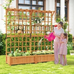 Blumenkasten mit Spalier & Dach Tannenholz Pflanzkasten mit Rankgitter Gartenspalier Orange