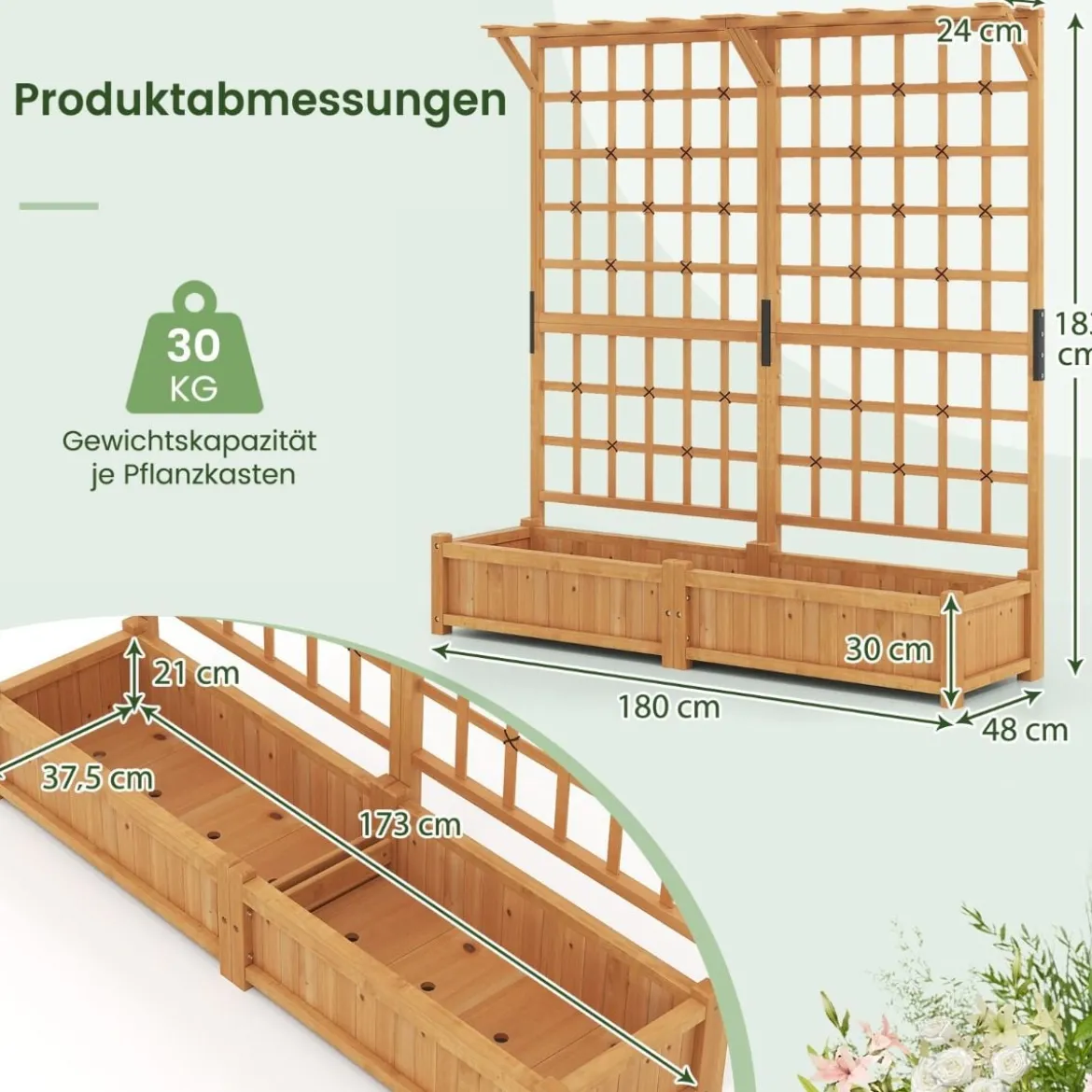 Blumenkasten mit Spalier & Dach Tannenholz Pflanzkasten mit Rankgitter Gartenspalier Orange
