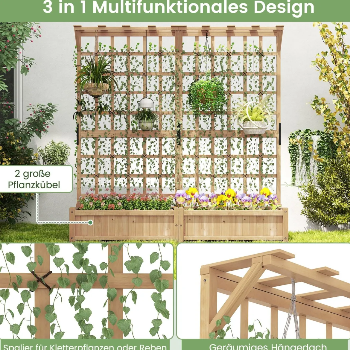 Blumenkasten mit Spalier & Dach Tannenholz Pflanzkasten mit Rankgitter Gartenspalier Natur