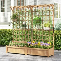 Blumenkasten mit Spalier & Dach Tannenholz Pflanzkasten mit Rankgitter Gartenspalier Natur