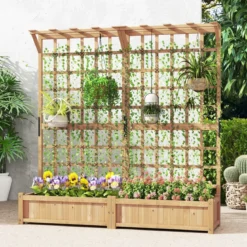 Blumenkasten mit Spalier & Dach Tannenholz Pflanzkasten mit Rankgitter Gartenspalier Natur