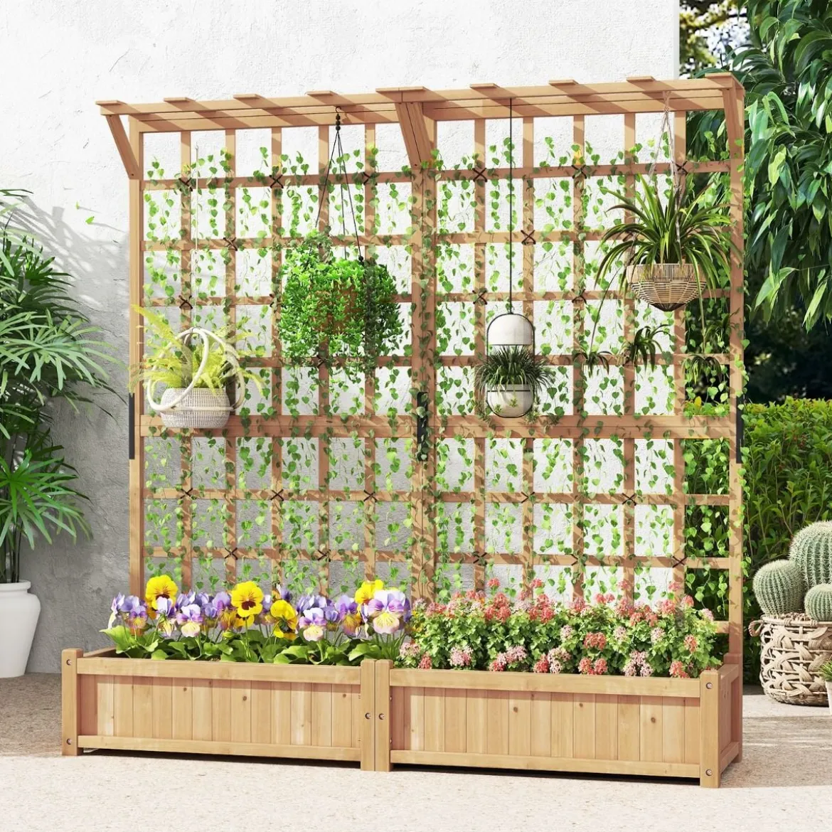 Blumenkasten mit Spalier & Dach Tannenholz Pflanzkasten mit Rankgitter Gartenspalier Natur