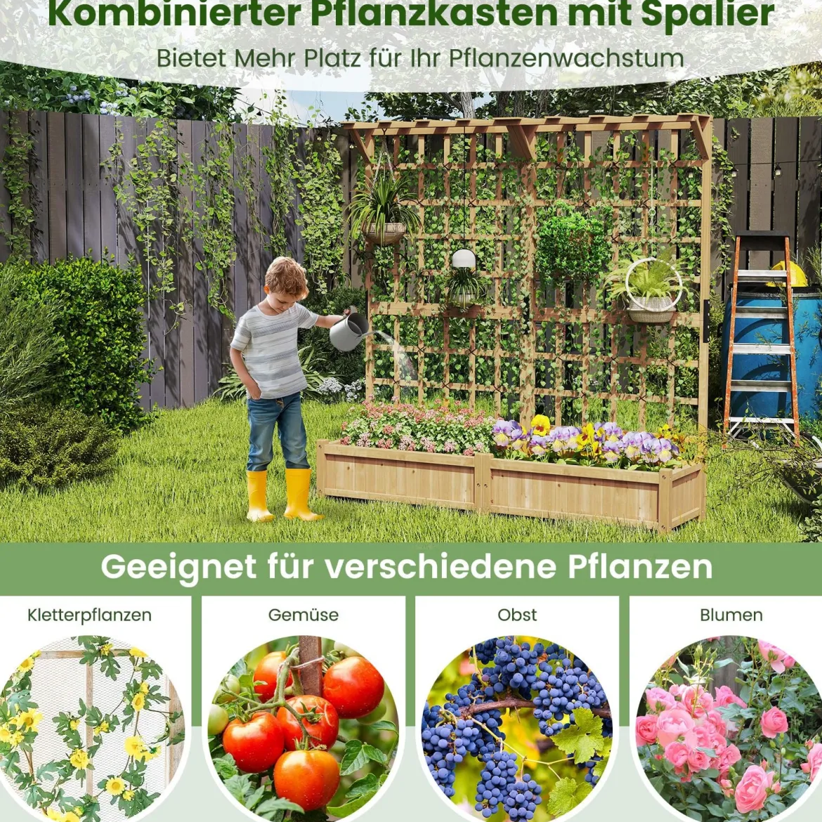 Blumenkasten mit Spalier & Dach Tannenholz Pflanzkasten mit Rankgitter Gartenspalier Natur