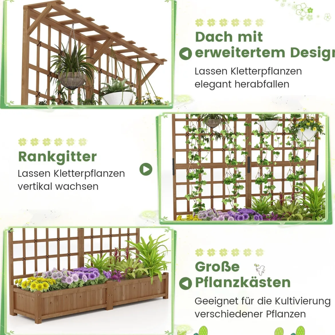 Blumenkasten mit Spalier & Dach Tannenholz Pflanzkasten mit Rankgitter Gartenspalier Braun