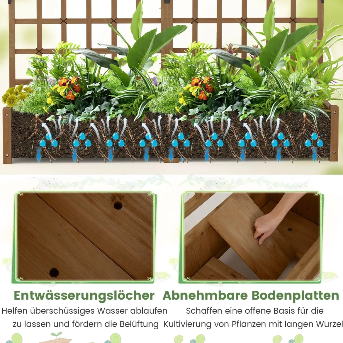 Blumenkasten mit Spalier & Dach Tannenholz Pflanzkasten mit Rankgitter Gartenspalier Braun