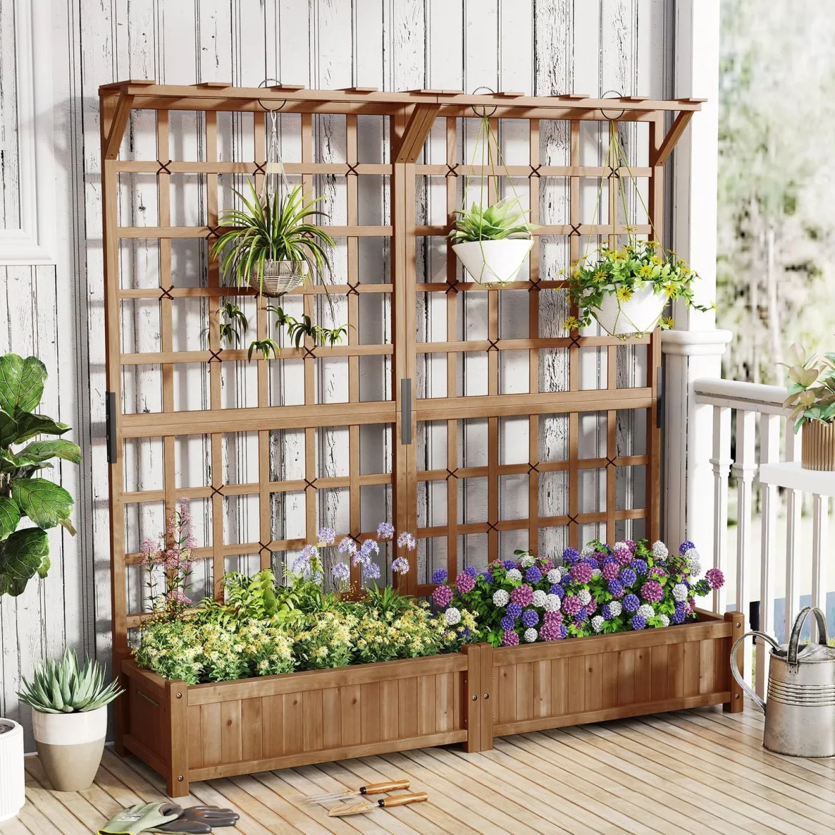 Blumenkasten mit Spalier & Dach Tannenholz Pflanzkasten mit Rankgitter Gartenspalier Braun