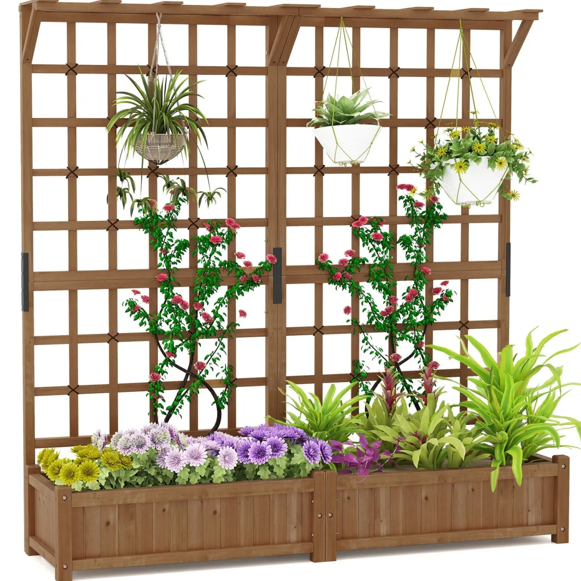 Blumenkasten mit Spalier & Dach Tannenholz Pflanzkasten mit Rankgitter Gartenspalier Braun